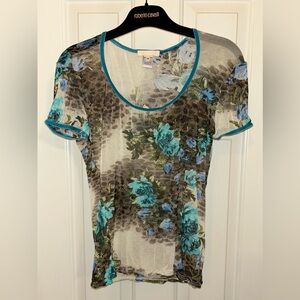 Roberto Cavalli Vintage 2003 Leopard Floral Sheer Puff Cap Sleeve Lingerie Small